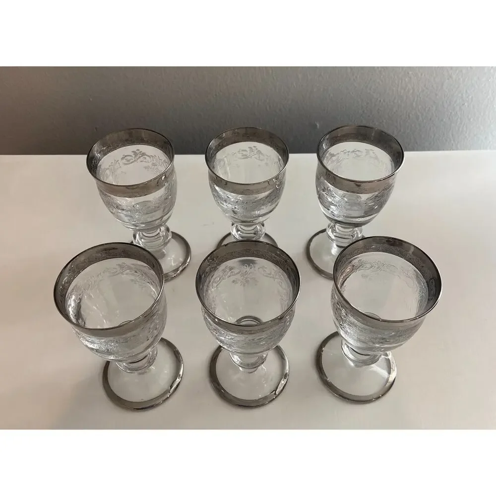 Vintage Murano Medici Small Liquor MCM Crystal Glasses, Platinum Rim, Set of 6